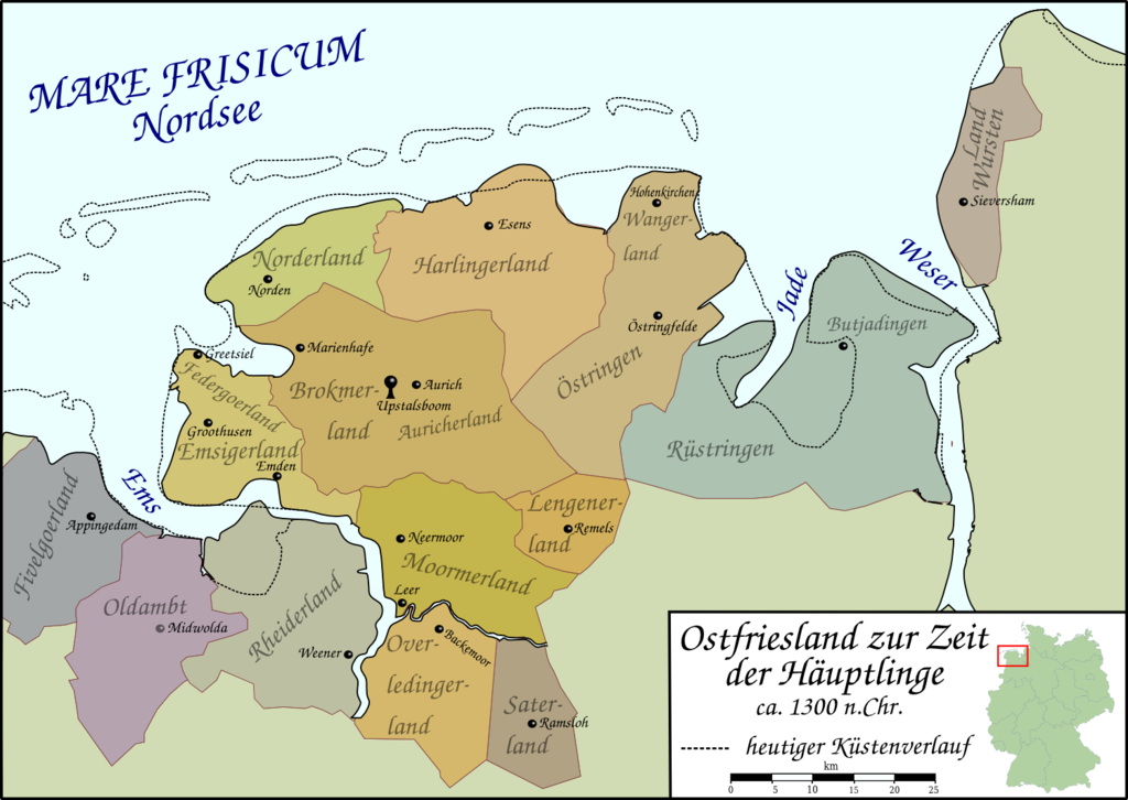 Zo heeft Ost-Friesland er uitgezien ten tijde van de hoofdelingen ron 1300 na Chr. Met de stippellijnen langs de kunst is aangegeven waar de kustlijn tegenwoordig loopt. 