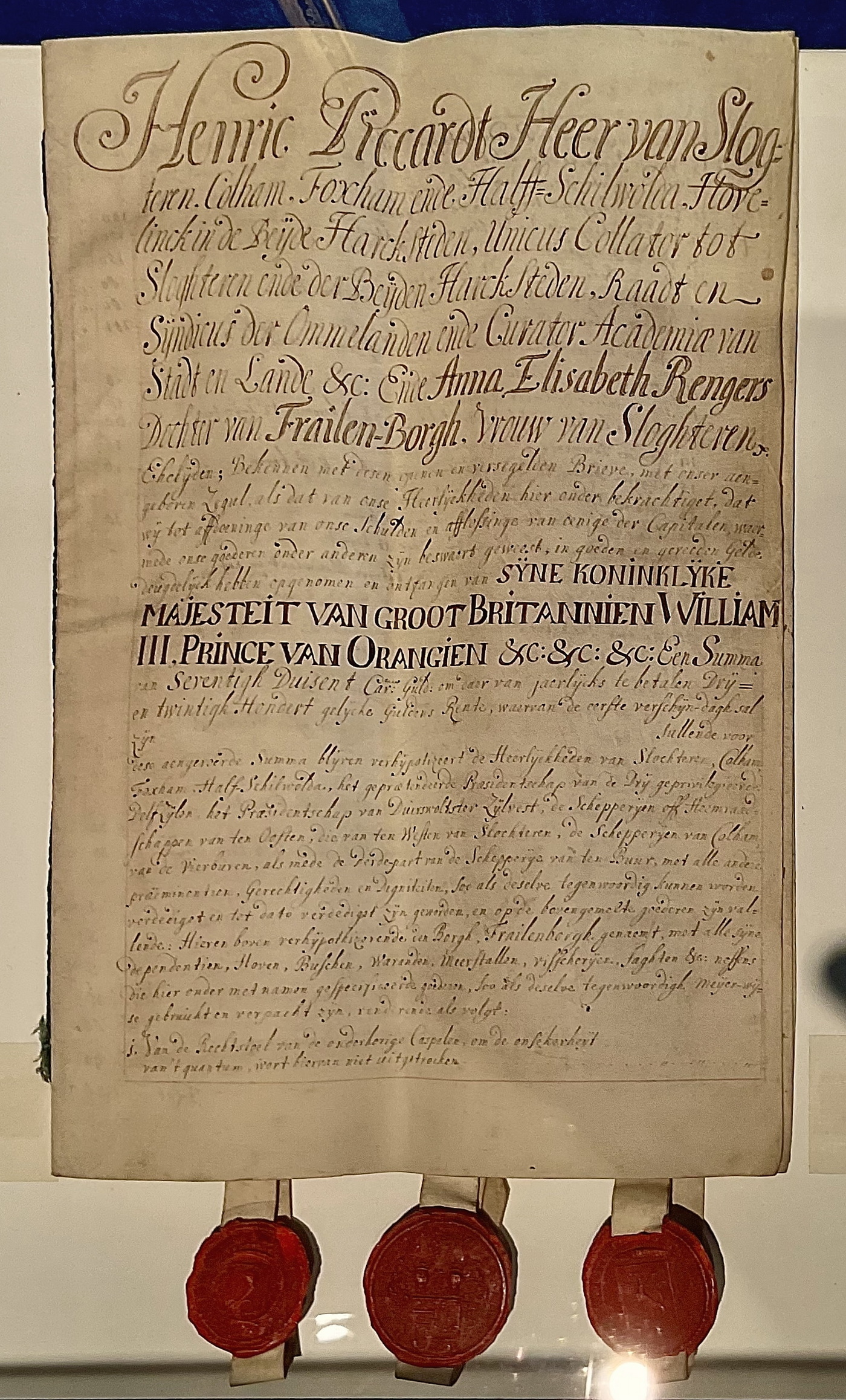 De akte van de lening van 70.000 car. gulden van Willem III aan Piccardt.