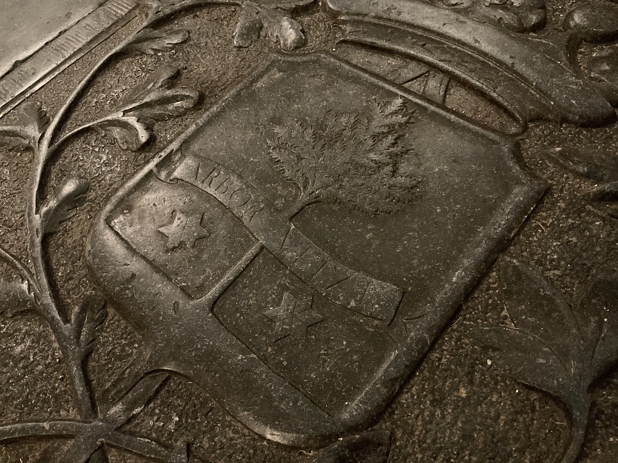 Zijn hardstenen zerk in de kerk is 201x80cm, is beschadigd en afgesleten. Het wapen is een schild met een kroon. Het schild bestaat uit twee sterren (Appius). Voor de boom een lint met de tekst ARRBOR VIVIT. Onderop de zerk bevindt zich een zandloperr met vleugels en een doodskop met gekruiste bottenDe stenen grafzerk van Jacob Appius ligt voor de preekstoel in de Koepelkerk van Sappemeer. Foto: ©Jur Kuipers