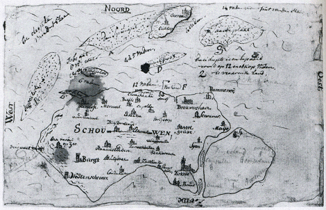 Schets van het eiland Schouwen door J.E. de Witte (1782?) aangetroffen bij zijn papieren ten tijde van de arrestatie. ARA 's-Gravenhage HvH 5526.
