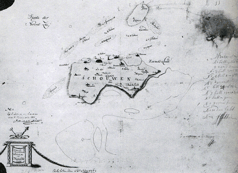 Schets van het eiland Schouwen door J.E. de Witte (1782) met aanvulling in potlood door P. van Brakel en notities van de Krijgsraad en het Hof van Holland (1782-1783). Deze schets werd door Van Brakel meegenomen van de kamer van De Witte. ARA 's-Gravenhage HvH 5526.