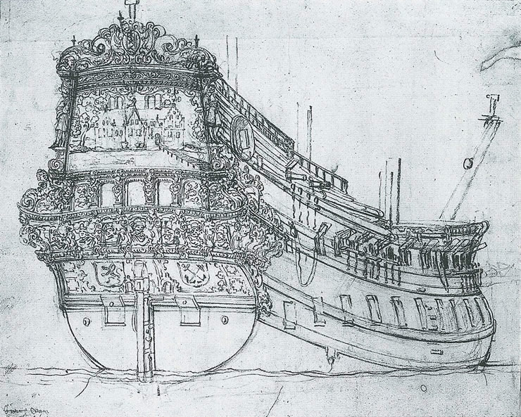 Het oorlogsschip de ‘Hilversum’, naar een tekening aan Willem van de Velde de Oude, in bezit van het National Maritime Museum te Greenwich. Aan de bovenkant van de achterzijde is duidelijk de bovenspiegel van het schip te zien.