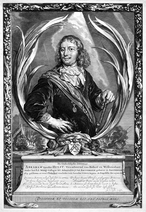 Abraham van der Hulst (Amsterdam, 11 april 1619 — 12 juni 1666) is een Nederlands admiraal en zeeheld uit de zeventiende eeuw. In 1650 wordt hij benoemd bij de Admiraliteit van Amsterdam tot buitengewoon kapitein. Hij vecht in de Eerste Engels-Nederlandse Oorlog, eind 1652 wordt hij kapitein van het schip de Groningen. In 1653 wordt hij benoemd tot gewoon (dat wil zeggen: vast) kapitein, zich onderscheidend als vlaggekapitein van De With op de Vrijheid in de Zeeslag bij Nieuwpoort en de Slag bij Ter Heijde. Gravure uit de 17 eeuw door Jan de Visscher (1658-1692). Bron: Stadsarchief Amsterdam. Licentie: Public Domain.