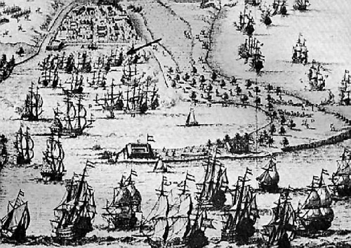 Beschieting van Nijborg op 23 november 1659. De pijl wijst naar het nieuwe schip van Jan van Amstel, de 'Provinciën’.