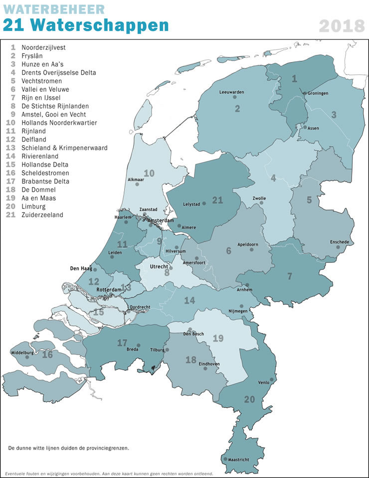 Overzichtskaart van de 21 Waterschappen per 1-1-2018. Inclusief de provinciegrenzen. Auteur: Jan Willem Van Aalst. Licentie: Creative Commons Attribution-Share Alike 4.0 International.