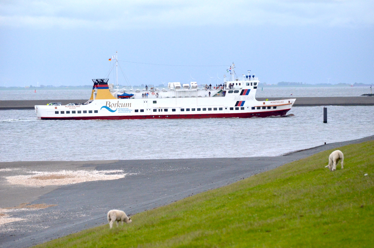 Het schip Borkum verzorgt de verbinding voor personen tussen de Eemshaven en het Duitste Borkum met een veerdienst.