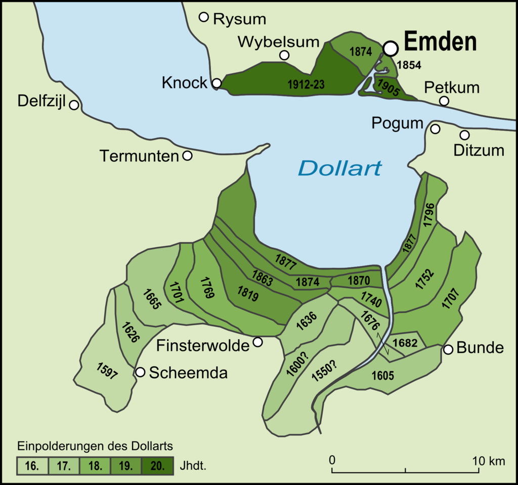 Op deze kaart zijn de jaartallen zichtbaar in welke jaren de inpolderingen rond het Dollardgebied in Nederland en Duitsland hebben plaatsgevonden.