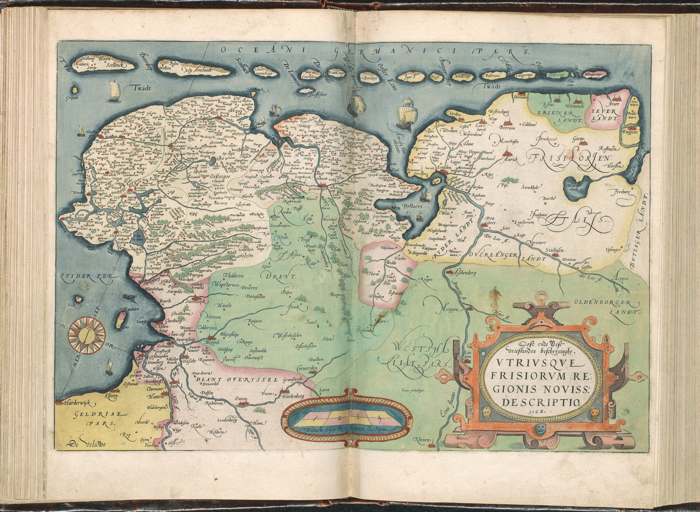 Plaat '036av-036br' uit de Atlas Ortelius van Abraham Ortelius (1527-1589). Oorspronkelijke druk is uit 1571, aanvullingen uit 1573, 1579 en 1584. Complete geschiedenis van dit werk. Op deze kaart wordt Noord-Oost Nederland getoond. De Atlas Ortelius is de eerste ‘moderne’ wereldatlas. Abraham Ortelius maakt zijn Theatrum orbis terrarum aan het eind van de zestiende eeuw in Antwerpen. Ortelius laat een aantal bestaande kaarten opnieuw tekenen in een standaardformaat en geeft ze uit als boek. Ook hier zien we de streek Westerwolde aangegeven, dit keer in de kleur roze. Licentie: Publiek Domein.