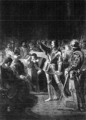 Anno 1514: Graaf Edzard verdedigt zijn rechten in de Groningse vroedschap. (Johannes Hinderikus Egenberger (Arnhem 1822 - Utrecht 1897). Doek, olieverf; gemonogrammeerd; 60×43; inv. A 5139) [De stad Groningen had bij haar strijd met de Friese stadhouders graaf Edzard van Oost-Friesland als heer aangenomen. Edzard betaalde Karel van Gelre voor hulp, die hij niet kreeg. De Gelderse hertog kocht de Groningse stadsbestuurders zelfs om, waarna zij hem de stedelijke regering opdroegen. Edzard protesteerde daar in de Groningse vroedschap tegen.] Hij schilderde de vroedschap Karels bedrog af, vertelde van het geld dat hij Karel had betaald, van de hulp die hij niet van Karel had ontvangen en dat dit alles slechts was gebruikt om hem te verraden. Hij herinnerde er de vroedschapsleden ook aan hoe hij hen had gered en ten koste van zijn eigen land had verdedigd. Edzard eindigde met te zeggen dat hij niet als een vorst beschouwd wilde worden die bij het eerste gevaar zijn gelofte verbreekt. Deze fiere taal had geen resultaat. En toen de vroedschap in Edzards aanwezigheid ook nog de eed aan Karel van Gelre aflegde, vertrok Edzard, zonder voor dit schandelijke gedrag wraak te nemen. Hij keerde naar Oost-Friesland terug.