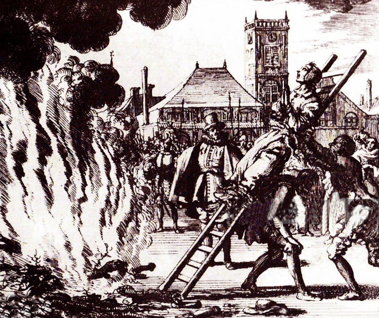 Historische afbeelding van het levend verbranden van een heks. 